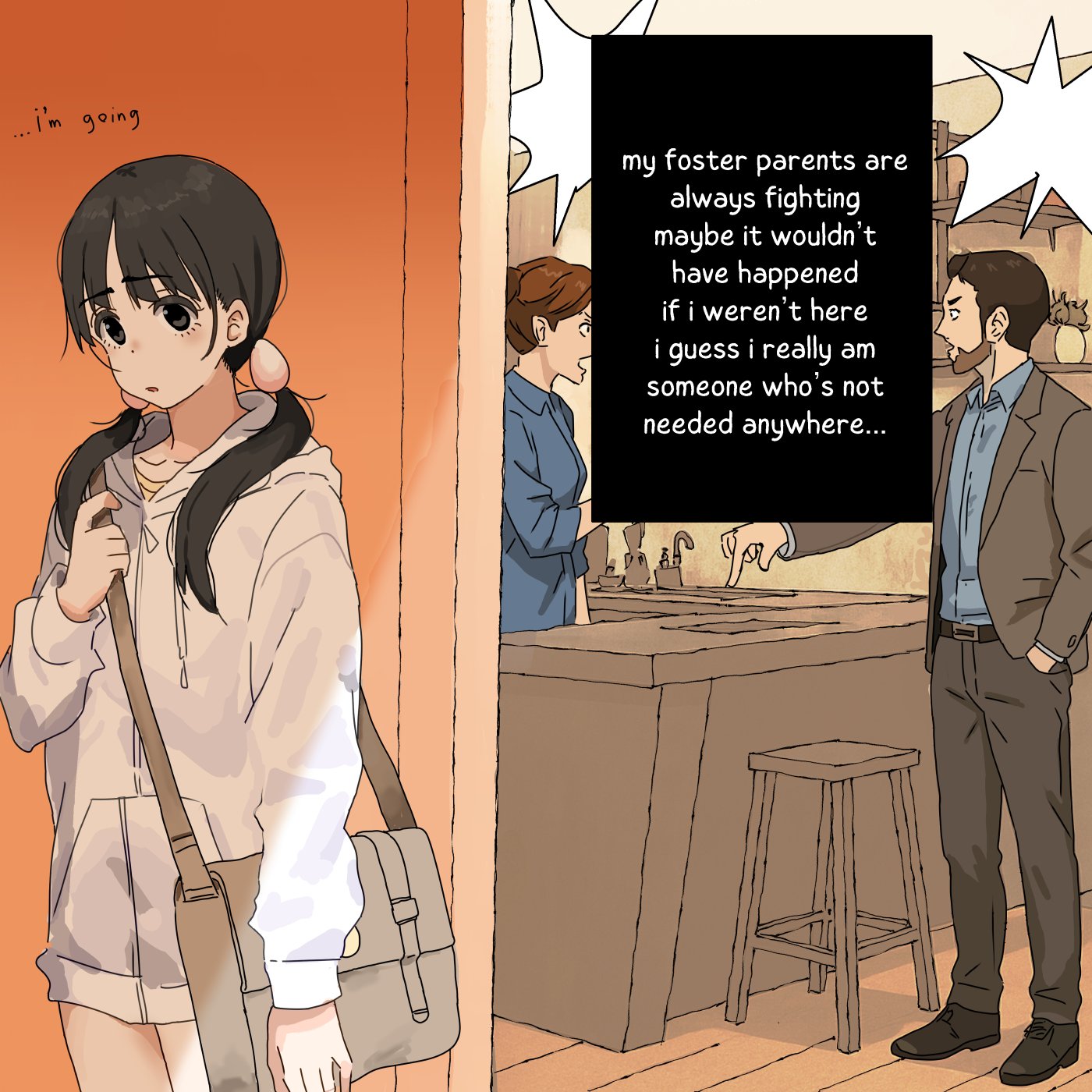 aiu404l, egg (aiu404l), original, highres, 1boy, 2girls, arguing, bag, beard, black eyes, black hair, blank speech bubble, brown hair, counter, egg hair ornament, english text, facial hair, food-themed hair ornament, hair ornament, hand in pocket, hood, hoodie, low twintails, multiple girls, pointing, pointing down, shade, speech bubble, stool, twintails, white hoodie