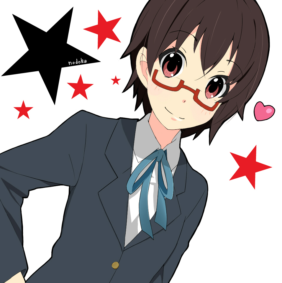 narju, manabe nodoka, k-on!, bad id, bad pixiv id, 00s, 1girl, black hair, female focus, glasses, red-framed eyewear, red eyes, school uniform, semi-rimless eyewear, short hair, solo, star (symbol), under-rim eyewear