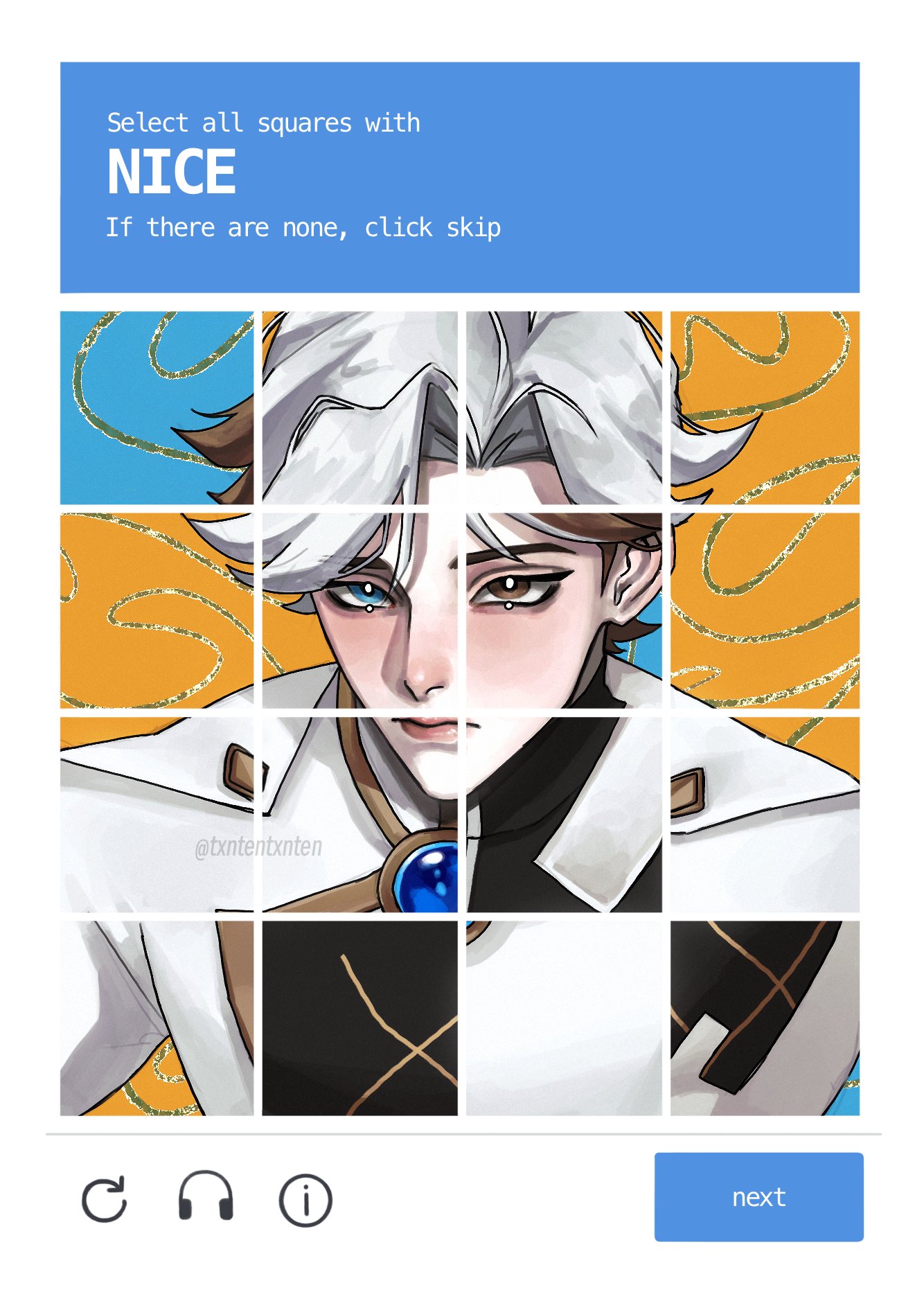 txntentxnten, lin ling (to be hero x), nice (to be hero x), to be hero, to be hero x, commentary, english commentary, highres, 2boys, abstract background, aegyo sal, black shirt, blue eyes, brooch, brown eyes, brown hair, cape, captcha, curtained hair, dual persona, english text, expressionless, grid, heterochromia, jewelry, looking at viewer, multicolored hair, multiple boys, multiple views, shirt, short hair, two-tone hair, two-tone shirt, upper body, white cape, white hair, white shirt