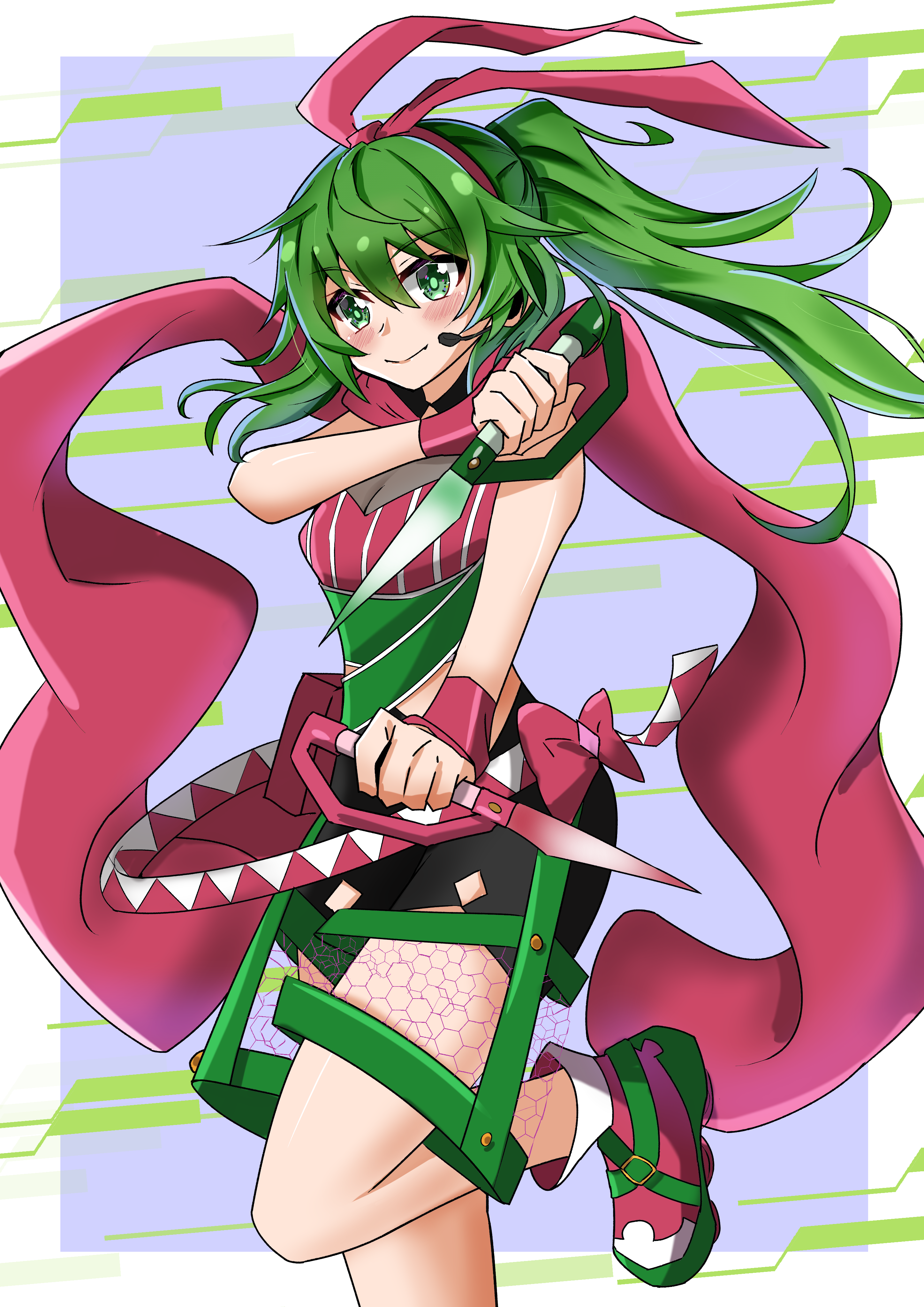 bakuma, wixoss, absurdres, highres, 1girl, aiyai (wixoss), blush, closed mouth, green eyes, green hair, holding, holding kunai, holding weapon, japanese clothes, kunai, long hair, looking at viewer, ponytail, red scarf, red shoes, scarf, shoes, smile, solo, weapon