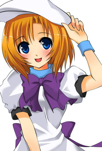 asahana jun, ryuuguu rena, higurashi no naku koro ni, 00s, 1girl, blue eyes, blush, dress, female focus, hat, open mouth, orange hair, short hair, simple background, solo, wristband
