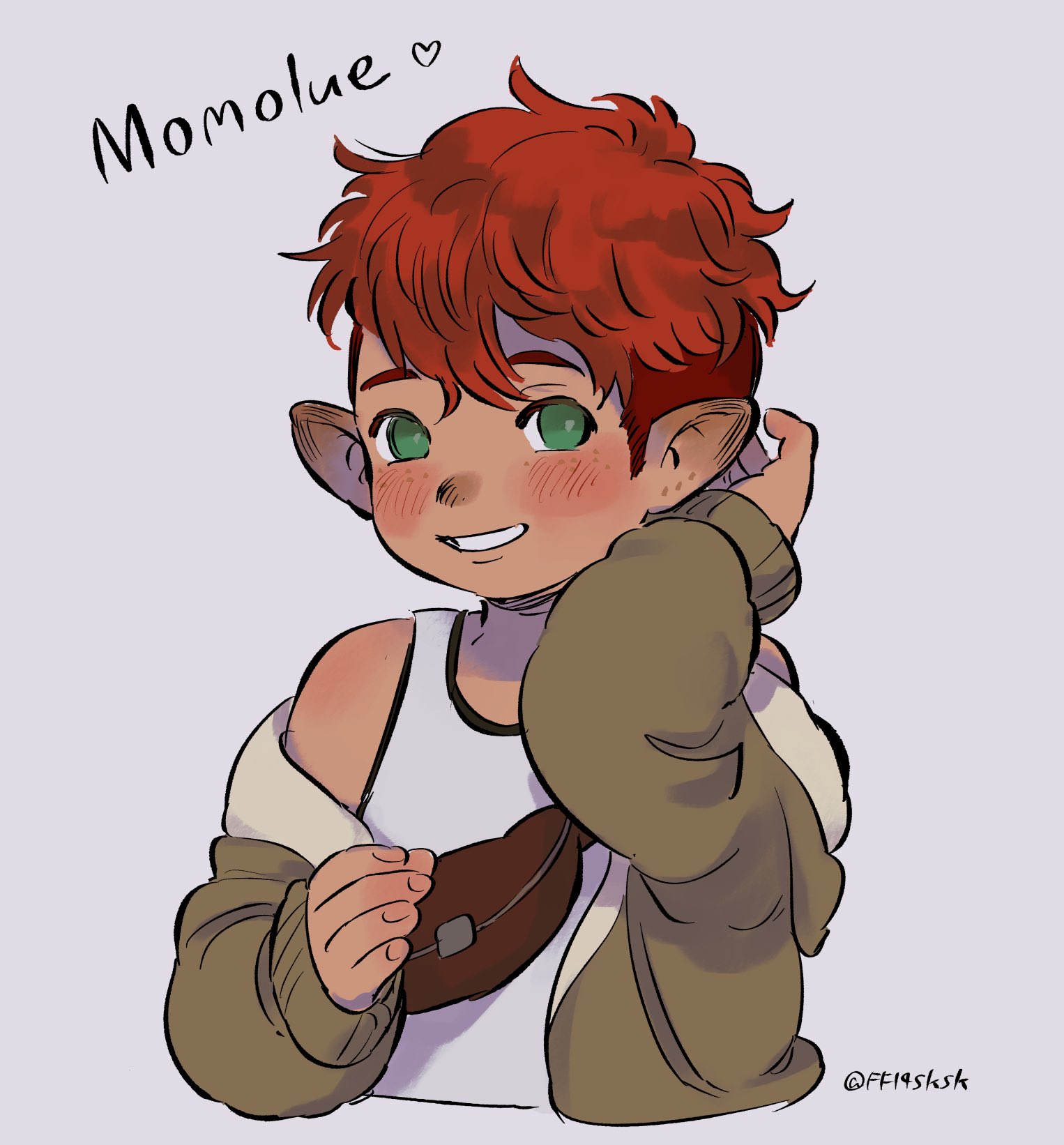 warrior of light (ff14), final fantasy, final fantasy xiv, commentary, english commentary, highres, 1boy, ano amesuke, freckles, green eyes, lalafell, male focus, piercing hole, pointy ears, smile, solo, tank top, twintails, undercut, upper body, white tank top