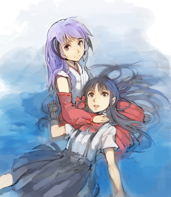 tko (artist), tko (kkk66), furude rika, hanyuu, higurashi no naku koro ni, 00s, 2girls, black eyes, black hair, detached sleeves, hair spread out, hakama, hakama skirt, horns, japanese clothes, lap pillow, long hair, miko, multiple girls, purple hair, red hakama, skirt, submerged, suspender skirt, suspenders