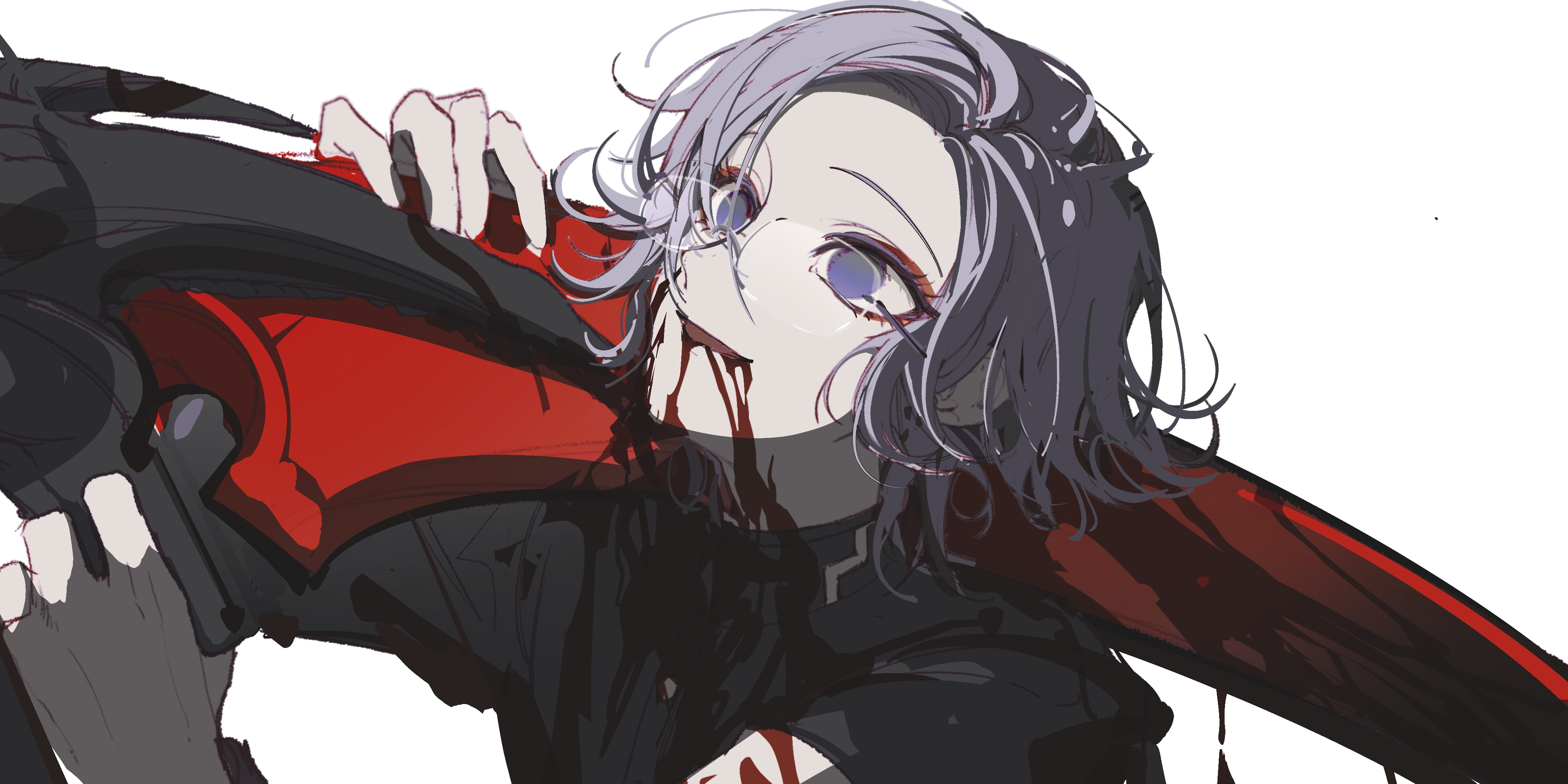 accookie, aotsuki eito, the hundred line -last defense academy-, absurdres, commentary, english commentary, highres, 1boy, bleeding, blood, blood from mouth, empty eyes, eyeliner, gakuran, glasses, gloves, grey hair, grin, holding, holding scythe, holding weapon, jacket, last defense academy school uniform, looking up, makeup, male focus, no pupils, open mouth, red eyeliner, scene reference, school uniform, scythe, short hair, simple background, smile, solo, suicide, upper body, weapon, white background, white gloves