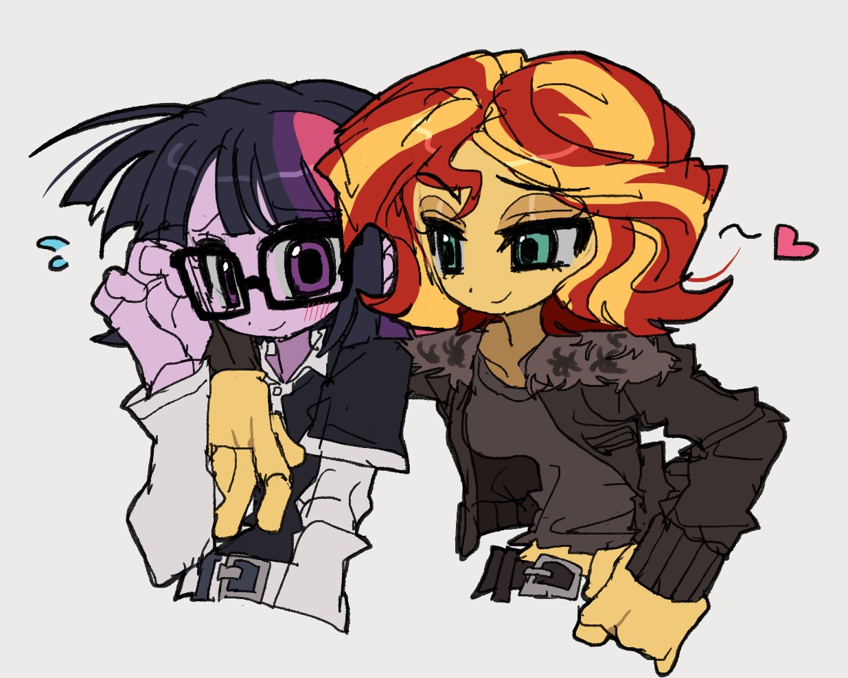 jwnn, sci-twi, sunset shimmer, sunset shimmer (human), twilight sparkle, my little pony, my little pony: equestria girls, my little pony: friendship is magic, 2girls, adjusting eyewear, aqua eyes, arm around shoulder, arm at side, belt, black-framed eyewear, black belt, black hair, black shirt, blonde hair, blunt bangs, blush, breasts, brown jacket, closed mouth, collared shirt, colored skin, cropped torso, dot nose, flipped hair, flying sweatdrops, fur-trimmed jacket, fur trim, glasses, grey background, grey shirt, hair between eyes, hand on own hip, hand up, heart, jacket, layered sleeves, long sleeves, looking at another, medium hair, midriff, multicolored hair, multiple girls, open clothes, open jacket, pink hair, purple eyes, purple hair, purple skin, raised eyebrow, raised inner eyebrows, rectangular eyewear, red hair, shirt, short over long sleeves, short sleeves, simple background, small breasts, smile, streaked hair, two-tone hair, wavy hair, white belt, white shirt, yellow skin, yuri