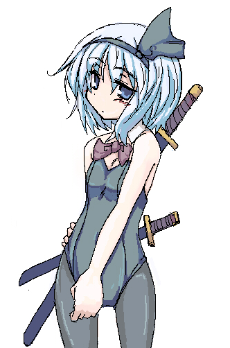 nanatsume, konpaku youmu, touhou, bad id, bad pixiv id, 1girl, bare shoulders, blue eyes, blue hair, bow, bowtie, female focus, flat chest, hairband, matching hair/eyes, oekaki, pantyhose, playboy bunny, short hair, solo, sword, weapon, white hair