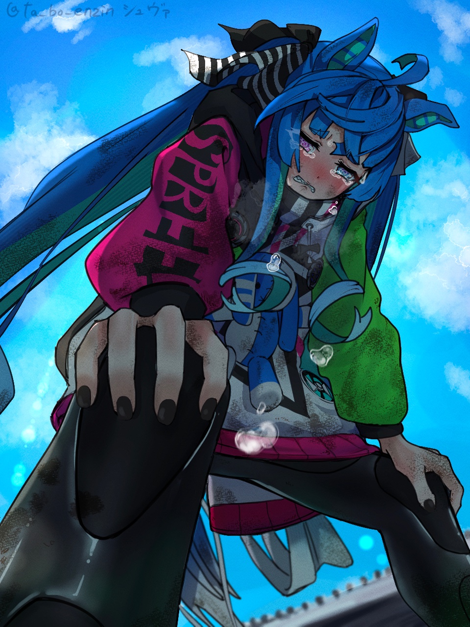 ta bo enzin, twin turbo (blast mode! turbo engine) (umamusume), twin turbo (umamusume), umamusume, highres, 1girl, @ @, ahoge, animal ears, aqua hair, blue eyes, blue hair, boots, bow, coat, crossed bangs, ear covers, heterochromia, hood, hoodie, horse ears, horse girl, horse tail, long hair, long sleeves, multicolored coat, multicolored hoodie, purple eyes, sharp teeth, sidelocks, solo, striped bow, stuffed animal, stuffed rabbit, stuffed toy, tail, teeth, twintails, yellow boots