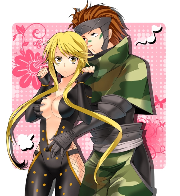 yui tooru, kasuga, kasuga (sengoku basara), sarutobi sasuke, sarutobi sasuke (sengoku basara), sengoku basara, 00s, 1boy, 1girl, bare hips, blonde hair, breasts, brown hair, camouflage, center opening, cleavage, facepaint, fingerless gloves, fishnets, gloves, grabbing another's breast, groping, hetero, long hair, medium breasts, no bra, surprised, surprised arms, yellow eyes