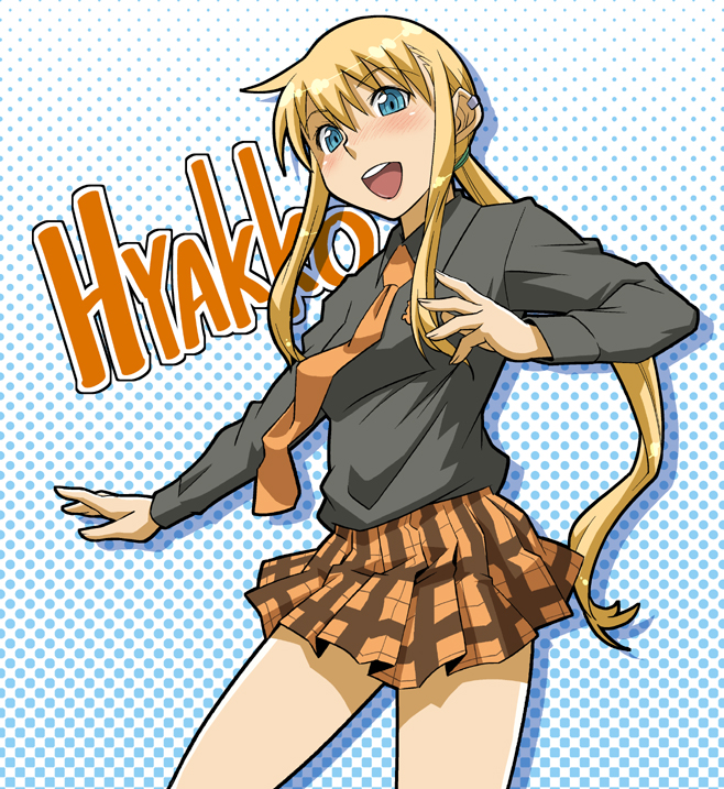 haganemaru kennosuke, kageyama torako, hyakko, 00s, 1girl, blonde hair, blue eyes, copyright name, female focus, long hair, necktie, plaid clothes, plaid skirt, ponytail, school uniform, skirt, solo, very long hair