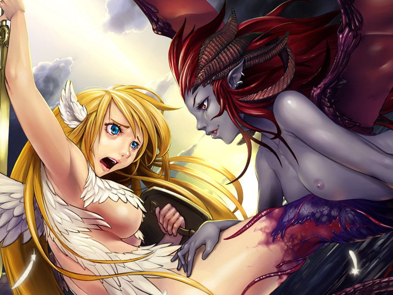 kometani hisanobu, character request, 2girls, angel, angel and devil, angel wings, blonde hair, blue eyes, breasts, corruption, demon girl, fantasy, head wings, large breasts, legs, long hair, multiple girls, nipples, pointy ears, red eyes, red hair, thighs, underboob, wings
