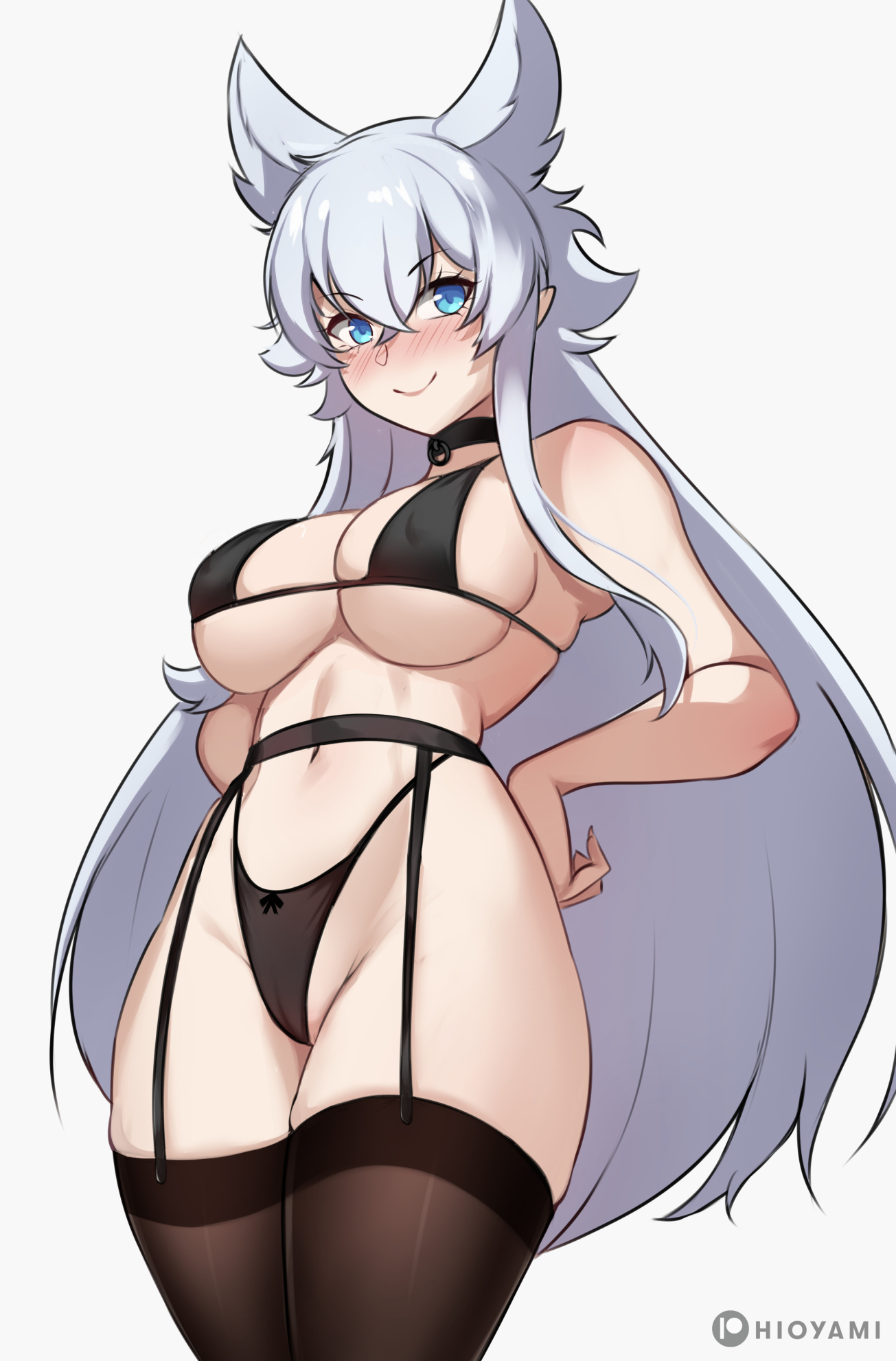 hioyami, fenrys, lv2 kara cheat datta moto yuusha kouho no mattari isekai life, commentary, highres, 1girl, animal ears, bikini, black bikini, black bra, black garter belt, black thighhighs, blue eyes, blush, bra, breasts, closed mouth, crossed bangs, garter belt, hair between eyes, long hair, looking at viewer, navel, patreon username, simple background, solo, stomach, swimsuit, thighhighs, underboob, underwear, white background, white hair