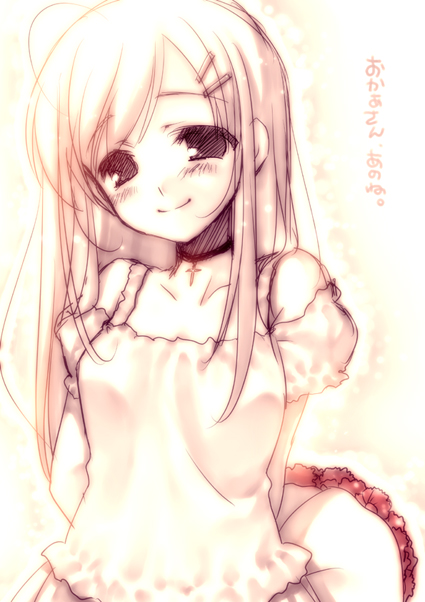 shouna mitsuishi, original, 1girl, arms behind back, bare shoulders, bouquet, choker, cross, dress, female focus, flower, hair ornament, hairclip, long hair, monochrome, smile, solo