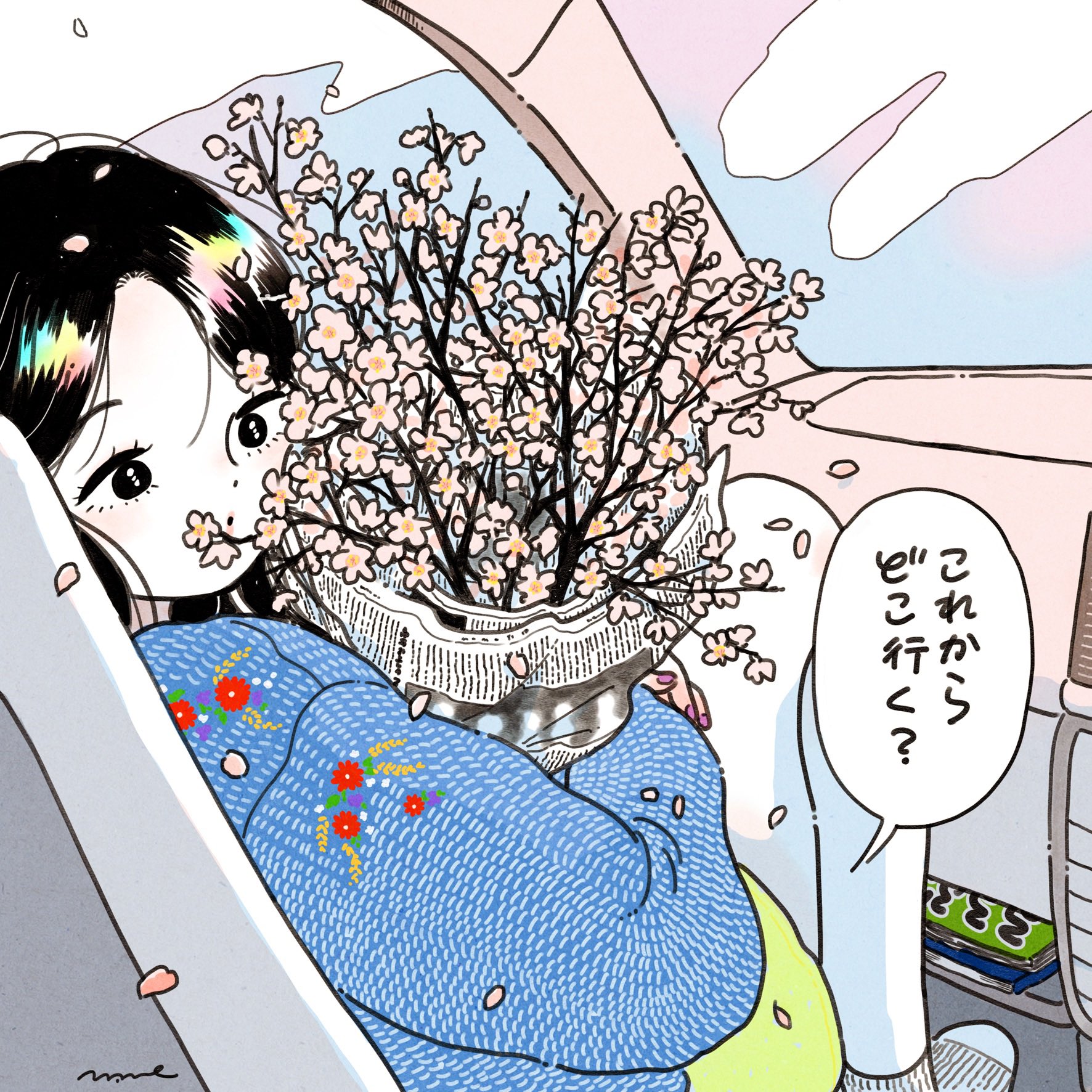 emamemamo33, original, highres, translated, 1girl, :o, black eyes, blue sweater, bouquet, car interior, cherry blossoms, colored skin, curtained hair, falling petals, floral print, flower, from side, full body, holding, holding bouquet, iridescent hair, long hair, nail polish, newspaper, petals, pink nails, reflection, shorts, signature, sitting, socks, solo, speech bubble, sweater, white skin, white socks, window, yellow shorts