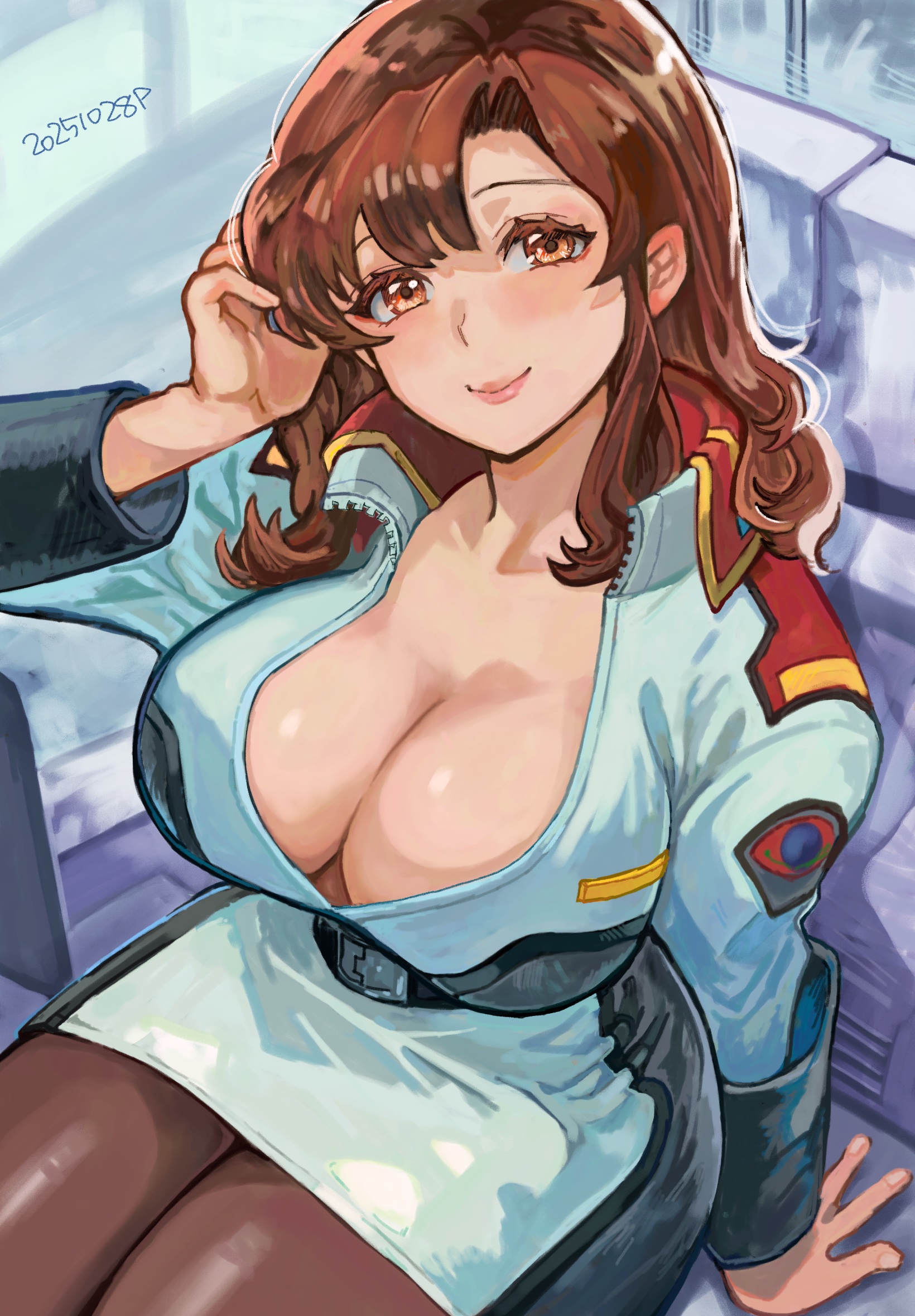okrdisk2000, murrue ramius, gundam, gundam seed, highres, 1girl, blush, breasts, brown eyes, brown hair, brown pantyhose, chair, cleavage, dated, earth federation, earth federation space forces, huge breasts, indoors, large breasts, lipstick, long hair, looking at viewer, makeup, military, military uniform, pantyhose, smile, solo, touchscreen