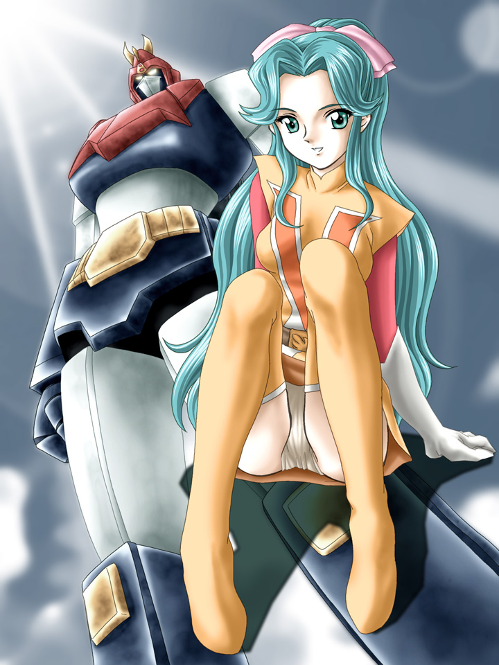 zummy, oka megumi, voltes v (mecha), choudenji machine voltes v, bad id, bad pixiv id, 1970s (style), aqua eyes, aqua hair, boots, gloves, hair ribbon, long hair, mecha, oldschool, panties, pantyshot, ponytail, retro artstyle, ribbon, robot, sitting, sunlight, thigh boots, thighhighs, underwear, white panties