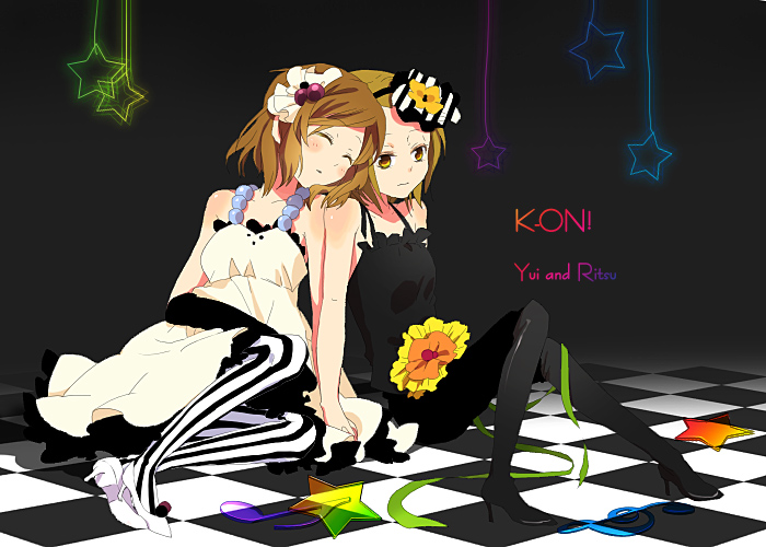 kaoru (88), hirasawa yui, tainaka ritsu, don't say "lazy", k-on!, striped legwear, vertical-striped legwear, bad id, bad pixiv id, 00s, 2girls, brown eyes, brown hair, dress, multiple girls, pantyhose, short hair, sleeping, striped clothes, striped pantyhose, vertical-striped clothes, vertical-striped pantyhose