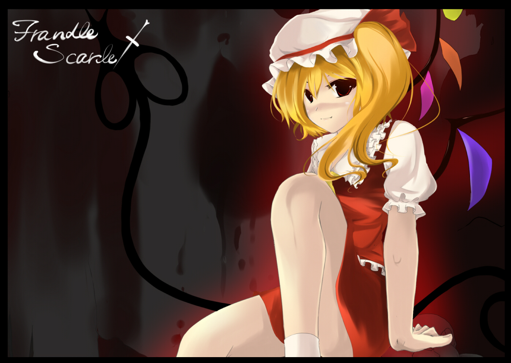 meneru, flandre scarlet, touhou, 1girl, blonde hair, blood, blouse, collared shirt, english text, engrish text, female focus, hat, laevatein, mob cap, ranguage, shirt, sitting, socks, solo, white shirt, white socks, wings