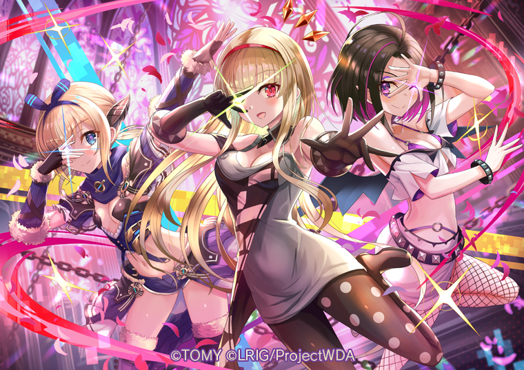 hokuyuu, nanashi (wixoss), umr (wixoss), wixoss, character request, 3girls, belt, black belt, black gloves, black pantyhose, blonde hair, blue eyes, blue shorts, breasts, cleavage, closed mouth, colored inner hair, copyright notice, cropped shirt, fingerless gloves, gloves, long hair, looking at viewer, medium breasts, medium hair, multicolored hair, multiple girls, open mouth, pantyhose, pink hair, purple eyes, purple hair, red eyes, shirt, shorts, sidelocks, small breasts, smile, socks over fishnets, spiked belt, streaked hair, v, v over eye, white shirt