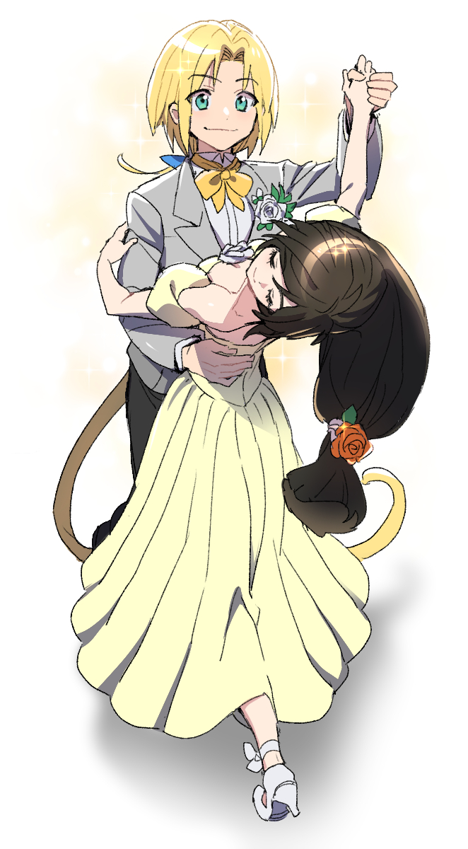 dede (qwea 00000), garnet til alexandros xvii, zidane tribal, final fantasy, final fantasy ix, highres, 1boy, 1girl, alternate costume, aqua eyes, arm around waist, bare shoulders, black hair, black pants, blonde hair, blue ribbon, bow, bowtie, breasts, cat tail, closed eyes, closed mouth, collared shirt, corsage, couple, dancing, detached sleeves, dress, dress flower, flower, grey flower, grey jacket, grey rose, hair between eyes, hair flower, hair ornament, hair ribbon, hand on another's arm, hetero, holding hands, jacket, long dress, long hair, low-tied long hair, low ponytail, medium breasts, pants, parted bangs, ponytail, puffy short sleeves, puffy sleeves, red flower, red rose, ribbon, rose, shirt, shoes, short sleeves, smile, suit jacket, tail, white background, white dress, white shirt, white shoes, yellow bow, yellow bowtie