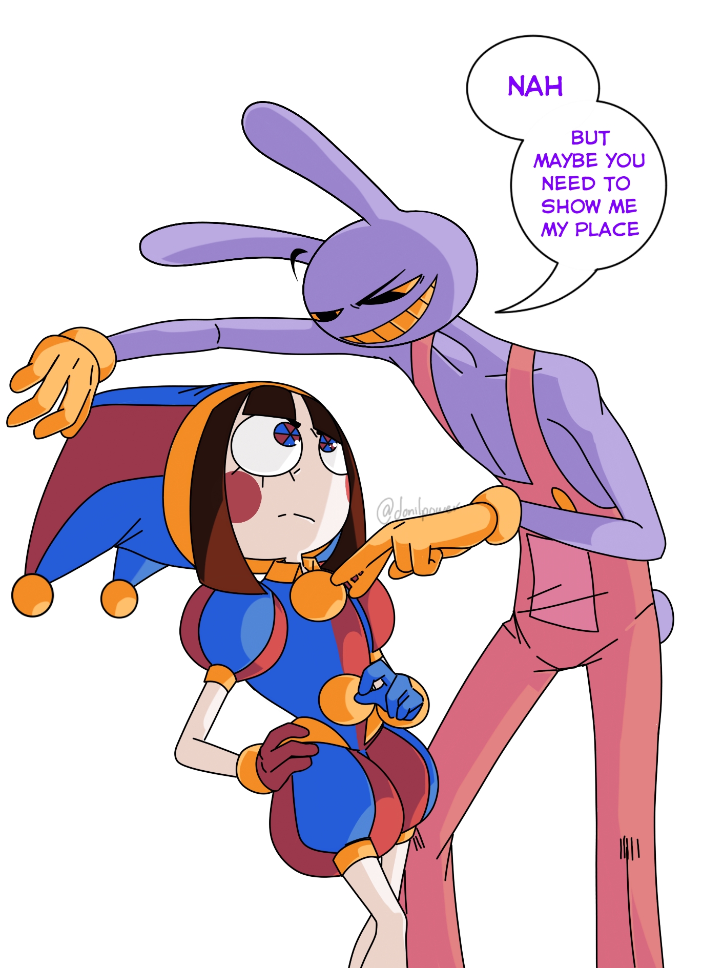 jax (the amazing digital circus), pomni (the amazing digital circus), the amazing digital circus, highres, 1boy, 1girl, asymmetrical gloves, blue eyes, blue gloves, blush stickers, brown hair, colored skin, colored teeth, dentures, donilpower, gloves, hat, hat bell, jester, jester cap, jester costume, mismatched gloves, multicolored eyes, multicolored hat, puffy sleeves, red eyes, red gloves, short hair, short sleeves, smile, striped clothes, striped headwear, two-tone eyes, vertical-striped clothes, vertical-striped headwear, yellow teeth