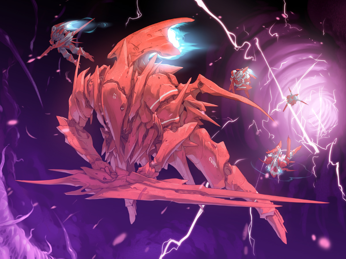 amano yuu, winged armor suzumega, tagme, lightning, mecha, robot, space, sword, weapon