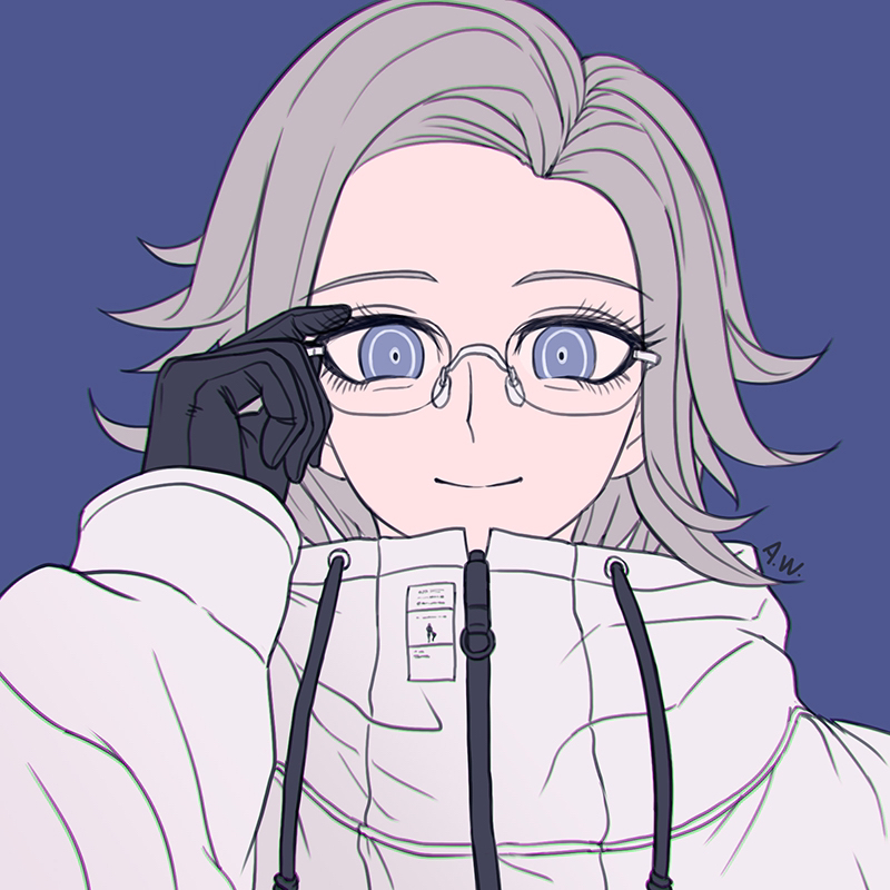 arthasw, aotsuki eito, the hundred line -last defense academy-, commentary, symbol-only commentary, 1boy, adjusting eyewear, black gloves, blue background, blue eyes, chromatic aberration, closed mouth, drawstring, eyelashes, flat color, forehead, glasses, gloves, grey hair, high collar, jacket, long sleeves, looking at viewer, male focus, portrait, short hair, signature, simple background, smile, solo, white jacket, zipper pull tab