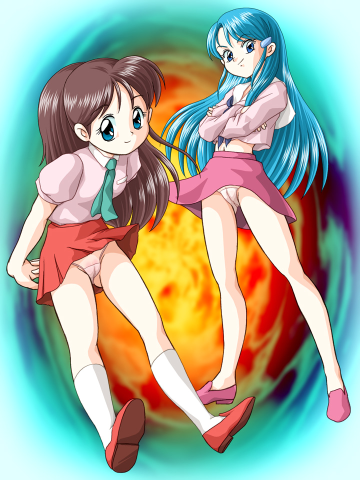 zummy, heike ibuki, kuki rei, genji tsuushin agedama, bad id, bad pixiv id, 1990s (style), 2girls, aqua hair, blue eyes, brown hair, cameltoe, crossed arms, hair ornament, hairclip, loafers, long hair, miniskirt, multiple girls, necktie, panties, pantyshot, pink panties, ponytail, retro artstyle, school uniform, serafuku, shoes, skirt, smirk, socks, square-end necktie, underwear, upskirt, white panties, white socks