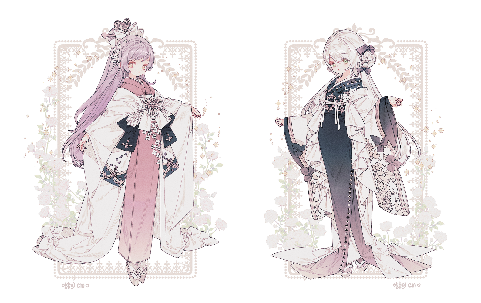 lemon89h, original, 2girls, dress, floral print, flower, full body, hair flower, hair ornament, japanese clothes, kimono, long hair, long sleeves, looking at viewer, multiple girls, obi, purple hair, sash, standing, very long hair, white hair, wide sleeves