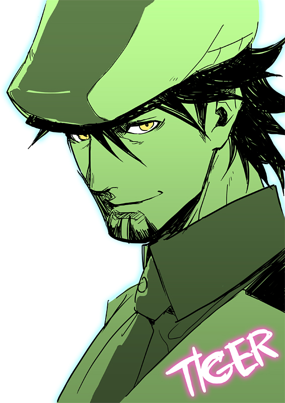 yoshida shiro, kaburagi t. kotetsu, tiger & bunny, commentary request, 1boy, beret, closed mouth, collared shirt, facial hair, flat color, goatee, hat, male focus, medium sideburns, necktie, portrait, shirt, short hair, simple background, sketch, smile, solo, white background, yellow eyes