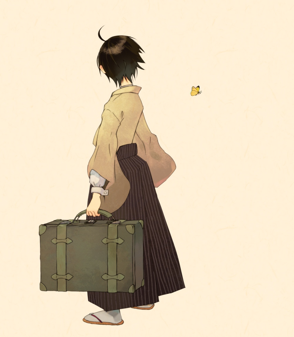 ukon, itoshiki nozomu, sayonara zetsubou sensei, 00s, 1boy, black hair, bug, butterfly, full body, insect, japanese clothes, male focus, short hair, simple background, solo, suitcase