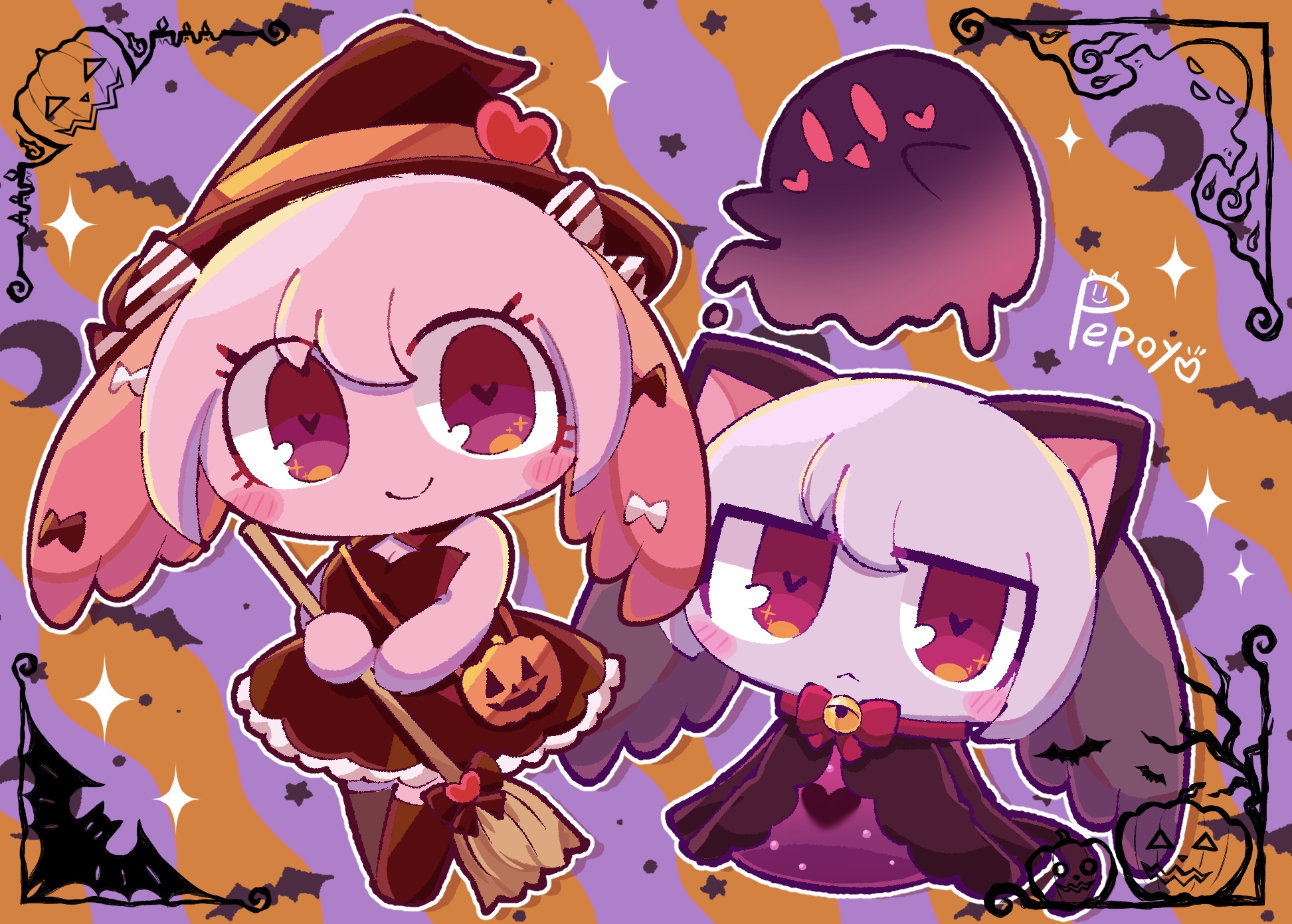 pepoyo, shinde-chan, yande-kun, original, highres, 1boy, 1girl, :<, animal ears, arms at sides, artist name, bag, bare arms, bare shoulders, bat (animal), bell, black bow, black dress, black hat, black jacket, black thighhighs, bow, bowtie, breasts, broom, brother and sister, cat ears, chibi, chibi only, cleavage, closed mouth, colored skin, diagonal-striped background, double-parted bangs, dress, fake animal ears, full body, ghost, hair between eyes, halloween bucket, halloween costume, hat, hat ornament, head wings, heart, heart-shaped pupils, heart hat ornament, holding, holding broom, inset border, jacket, jitome, long sleeves, looking at viewer, neck bell, open clothes, open jacket, orange background, orange bag, outline, pink eyes, pink skin, purple background, purple shirt, purple skin, red bow, red bowtie, red wings, shirt, shoulder bag, siblings, sleeveless, sleeveless dress, small breasts, smile, sparkle, standing, striped background, symbol-shaped pupils, thighhighs, two-tone background, white bow, white outline, wings, witch hat, zettai ryouiki