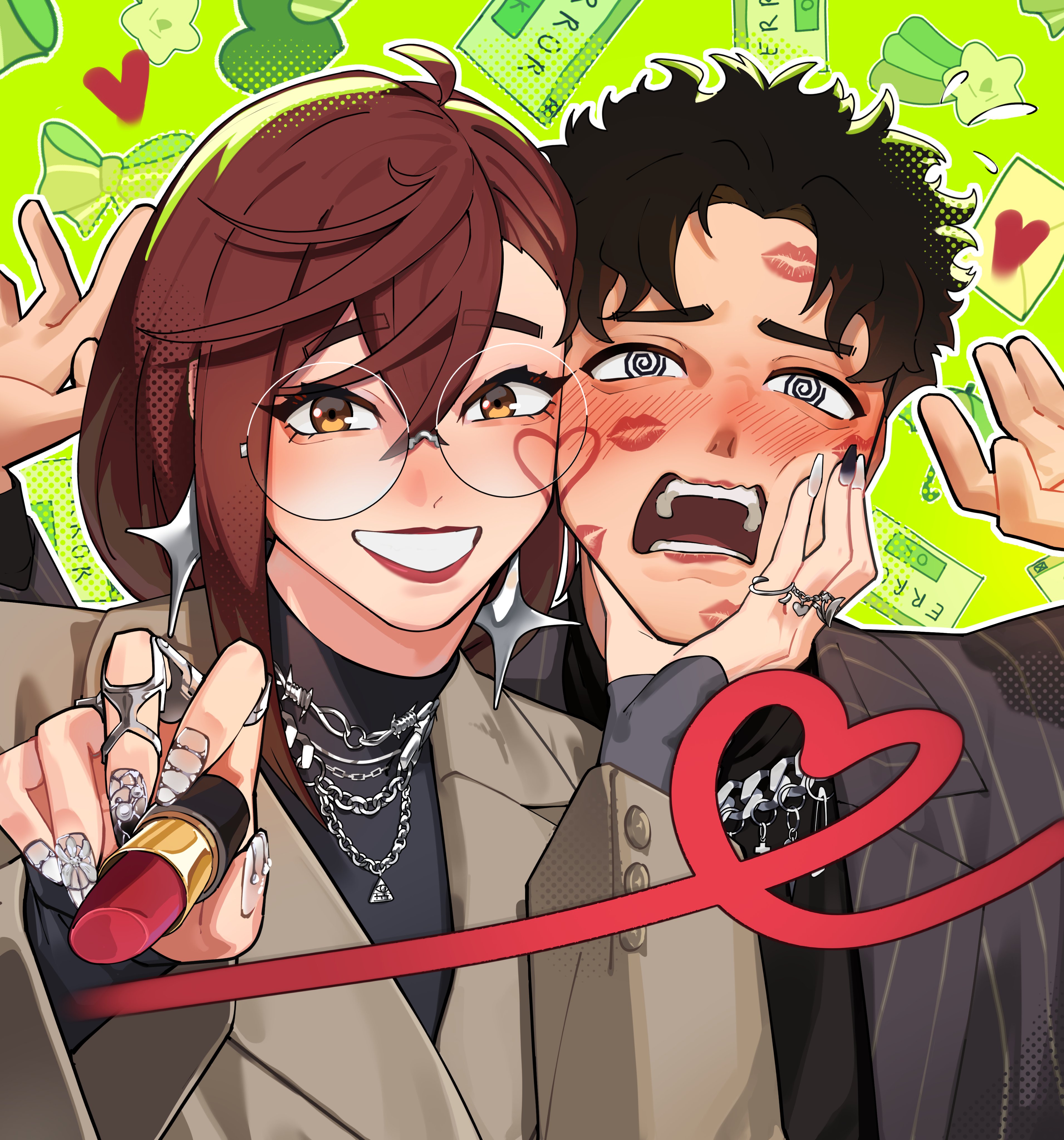 yuqi non, ayase momo, takakura ken (dandadan), dandadan, absurdres, commentary request, highres, 1boy, 1girl, @ @, black hair, black shirt, breasts, brown eyes, brown hair, brown jacket, cheek press, cosmetics, crossed bangs, fake nails, formal clothes, glasses, green background, hair between eyes, hand on another's chin, heart, jacket, jewelry, lipstick, lipstick mark, lipstick mark on face, lipstick tube, makeup, medium breasts, multiple rings, nail art, nervous, parted bangs, parted lips, pinstripe pattern, pinstripe suit, ring, round eyewear, shirt, short hair, smile, sparkle earrings, suit, surprised, turtleneck, upper body