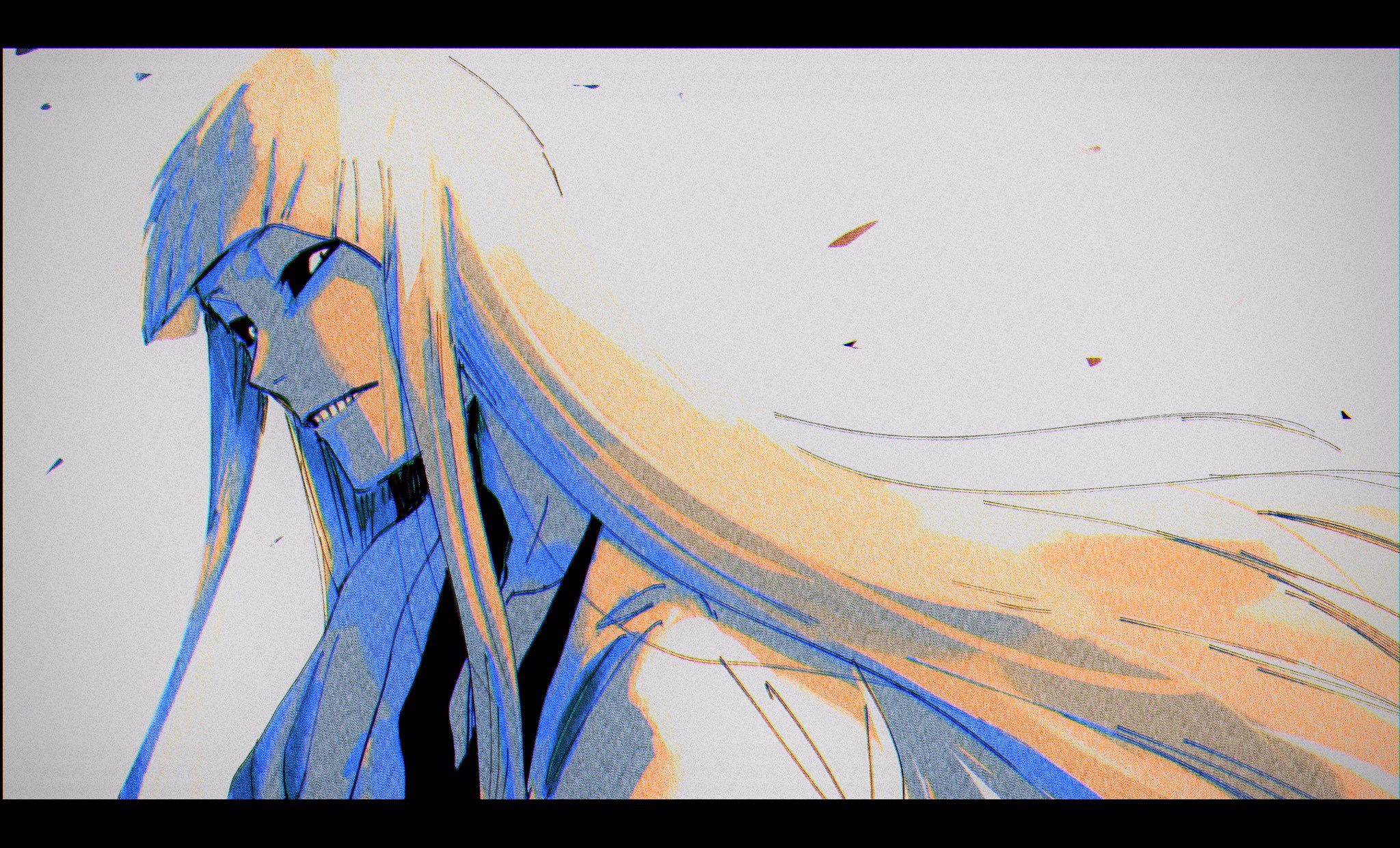 siji105, hirako shinji, bleach, highres, 1boy, black sclera, blonde hair, blunt bangs, colored sclera, letterboxed, long hair, looking at viewer, male focus, parted lips, simple background, solo, teeth, white background