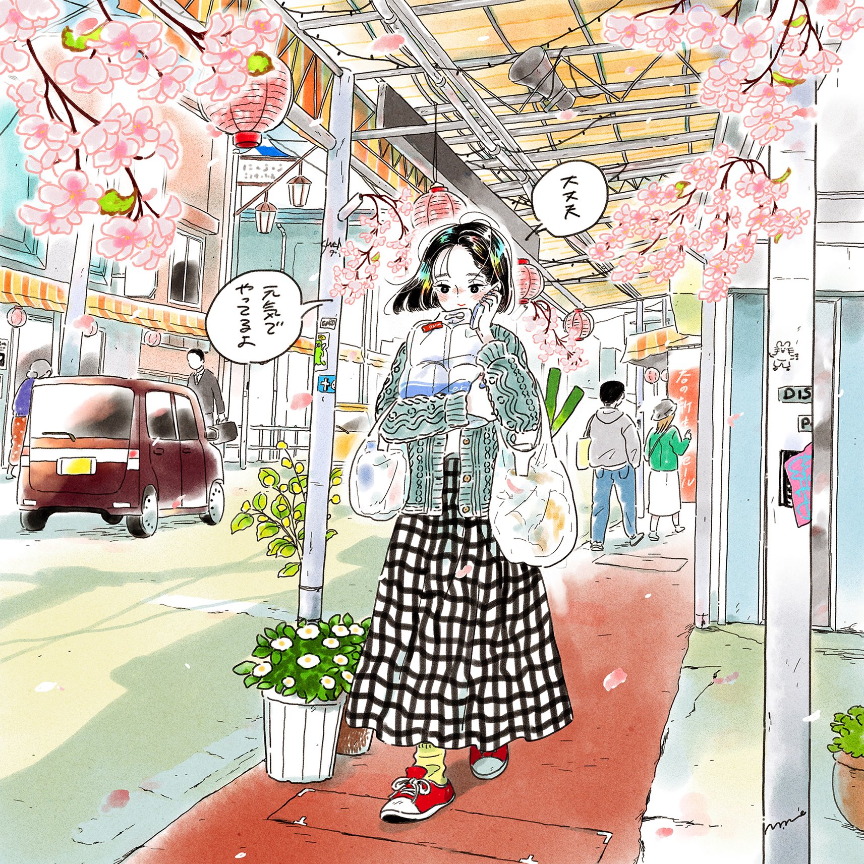 emamemamo33, original, highres, traditional media, translated, bag, black eyes, black hair, blue pants, blush, bob cut, cable knit, car, cardigan, cellphone, cherry blossoms, city, closed mouth, fingernails, flower, food, full body, graffiti, green cardigan, grey hoodie, grey sweater, grid skirt, hair behind ear, holding, hood, hoodie, japan, lamp, lantern, long skirt, long sleeves, motor vehicle, multiple boys, multiple girls, outdoors, pants, parted bangs, phone, plant, red car, red shoes, road, shirt, shirt tucked in, shoes, shopping bag, short hair, skirt, smartphone, smile, sneakers, socks, solo focus, sticker, street, sweater, talking on phone, toilet paper, white shirt, yellow socks