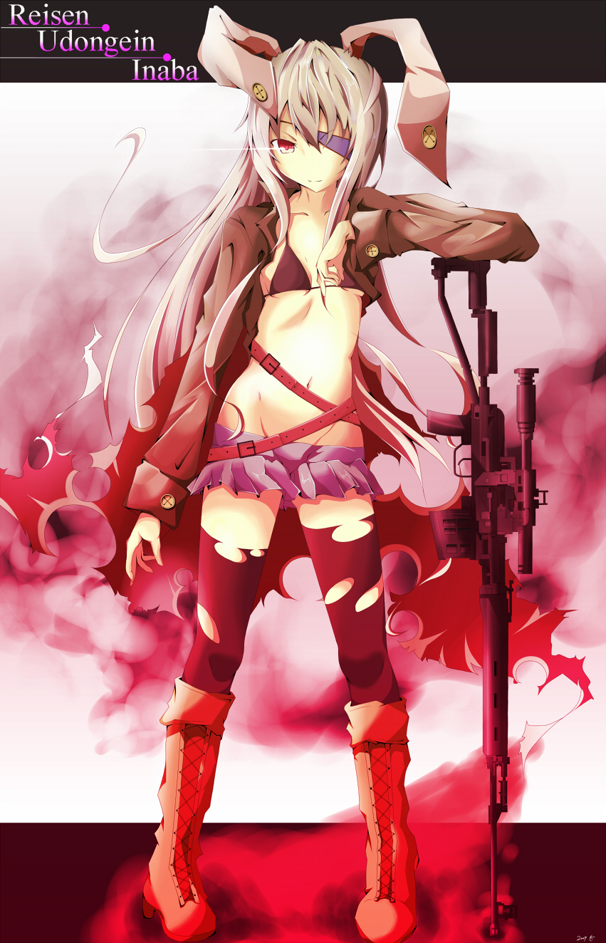 jimo, reisen udongein inaba, touhou, silver hair, bad id, bad pixiv id, highres, 1girl, animal ears, belt, boots, bra, breasts, character name, coat, dragunov svd, eyepatch, female focus, groin, gun, lingerie, long hair, midriff, navel, rabbit ears, red eyes, rifle, scope, small breasts, smile, sniper rifle, solo, thighhighs, torn clothes, underwear, weapon