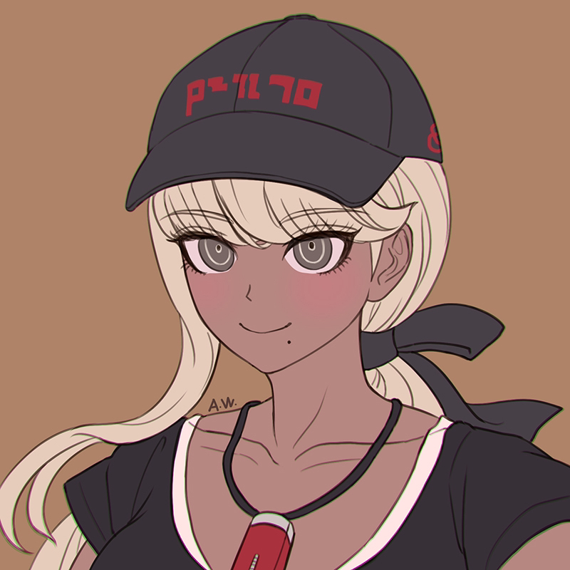 arthasw, kawana tsubasa, the hundred line -last defense academy-, commentary, symbol-only commentary, 1girl, baseball cap, black hat, black ribbon, black shirt, blonde hair, blush, brown background, chromatic aberration, closed mouth, collarbone, dark-skinned female, dark skin, eyelashes, flat color, grey eyes, hair ribbon, hat, jewelry, long hair, low ponytail, mole, mole under mouth, necklace, ponytail, portrait, ribbon, shirt, short sleeves, signature, simple background, smile, solo, tsurime
