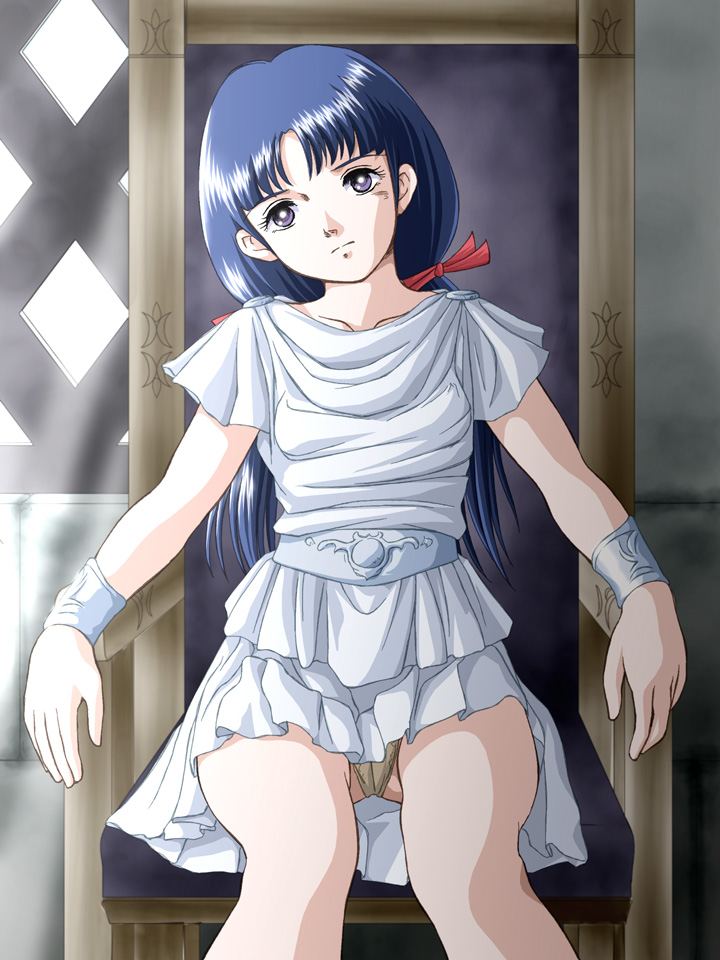 zummy, lesphina, arion, 1980s (style), bad id, bad pixiv id, 1girl, ancient greek clothes, blue hair, bracelet, chiton, dress, female focus, frown, hair ribbon, jewelry, oldschool, panties, pantyshot, purple eyes, retro artstyle, ribbon, sitting, solo, sunlight, throne, twintails, underwear