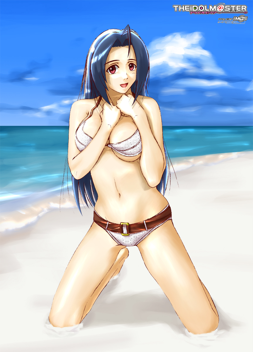 hidepapa, miura azusa, idolmaster, idolmaster (classic), highres, 00s, 1girl, barefoot, beach, bikini, blue hair, breasts, day, female focus, full body, halterneck, kneeling, outdoors, sky, solo, swimsuit, underboob, white bikini