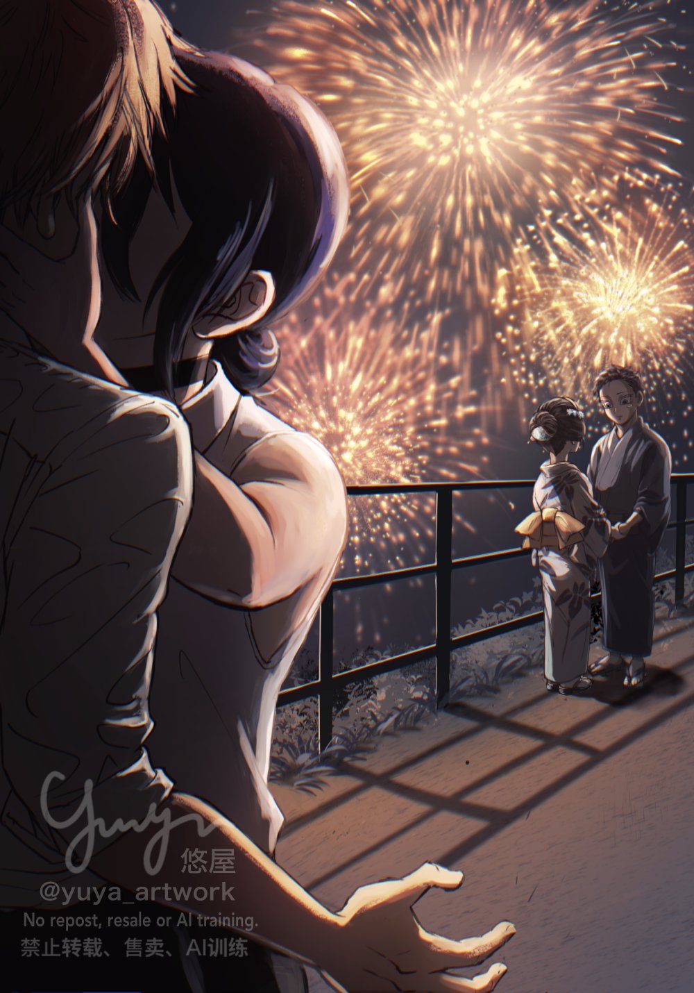 yuya-art, denji (chainsaw man), hakuji (kimetsu no yaiba), koyuki (kimetsu no yaiba), reze (chainsaw man), chainsaw man, kimetsu no yaiba, highres, 2boys, 2girls, aerial fireworks, bare shoulders, black choker, black hair, black kimono, choker, collared shirt, comb, couple, fireworks, floral print, floral print kimono, full body, hair between eyes, hair bun, hetero, holding hands, japanese clothes, kimono, kiss, looking at another, medium hair, multiple boys, multiple girls, print kimono, shirt, short hair, sign, sleeveless, sleeveless shirt, sleeves rolled up, twintails, updo, upper body, white shirt