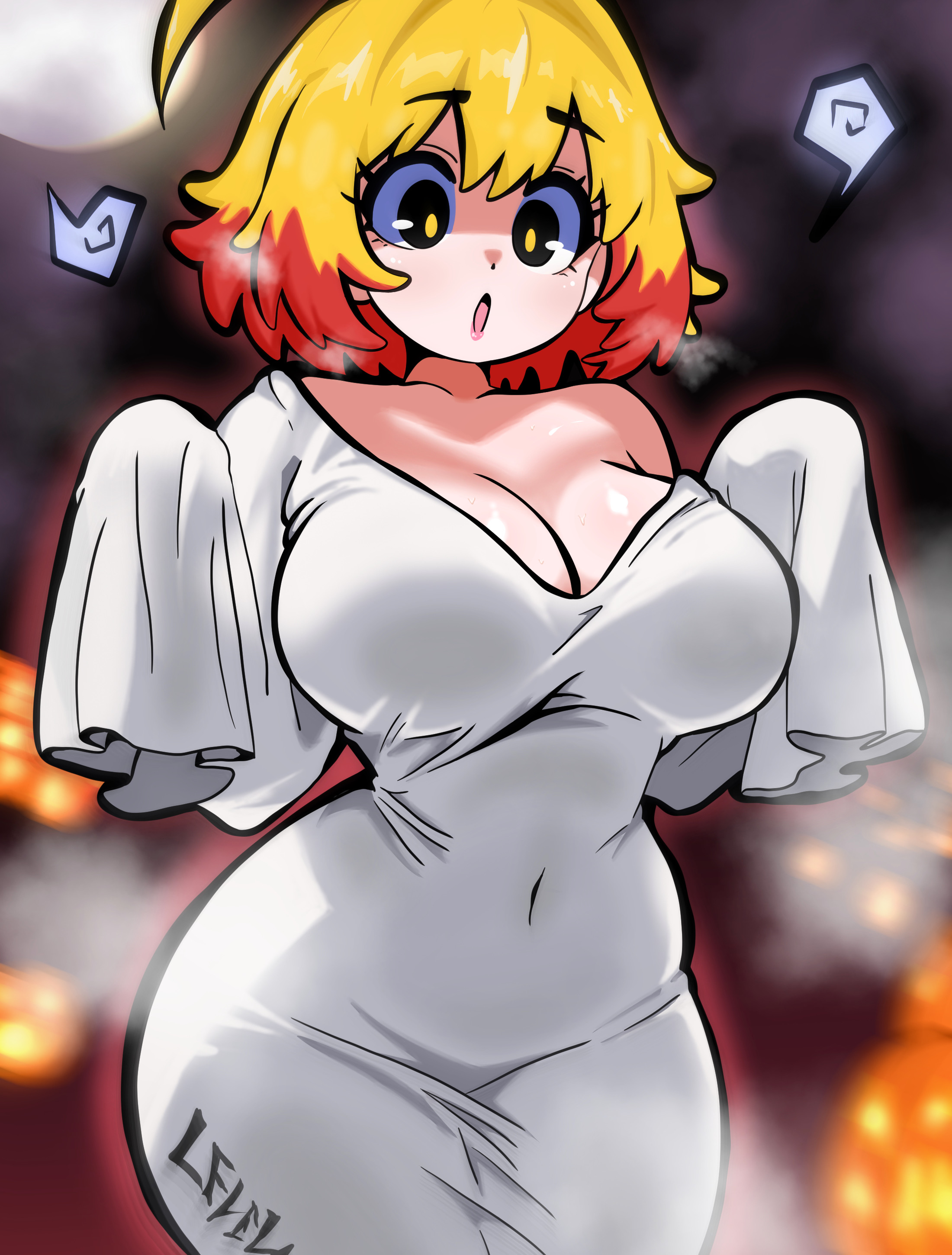 original, absurdres, highres, non-web source, breasts, ghost, halloween costume, large breasts, levelone, moon, october, pumpkin
