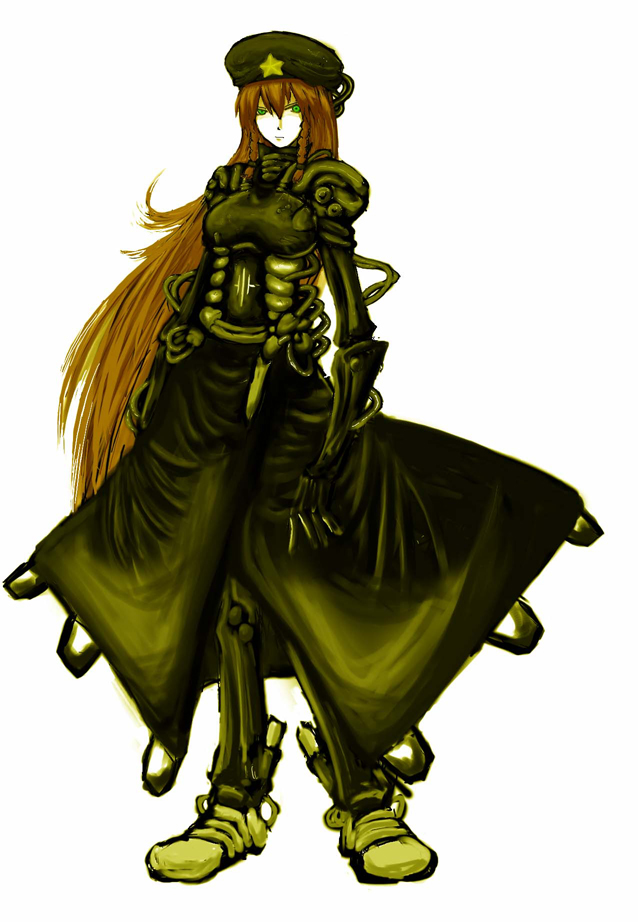 hong meiling, blame!, touhou, mechanical, 1girl, braid, breasts, female focus, full body, green eyes, hat, long hair, parody, red hair, simple background, solo, star (symbol), very long hair, white background