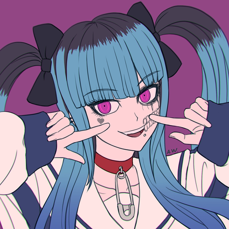 arthasw, amemiya darumi, the hundred line -last defense academy-, commentary, symbol-only commentary, 1girl, black bow, black hair, blue hair, blue shirt, bow, chin piercing, choker, chromatic aberration, collarbone, face piercing, facepaint, facial mark, flat color, hair bow, hands up, heart, heart facial mark, long hair, long sleeves, multicolored hair, open mouth, piercing, pink eyes, pointing, pointing at self, portrait, purple background, red choker, roots (hair), safety pin, sailor collar, sailor shirt, shirt, sidelocks, signature, simple background, sleeves past wrists, smile, solo, striped clothes, striped shirt, teeth, tsurime, twintails, two-tone hair, two-tone shirt, upper teeth only, white shirt