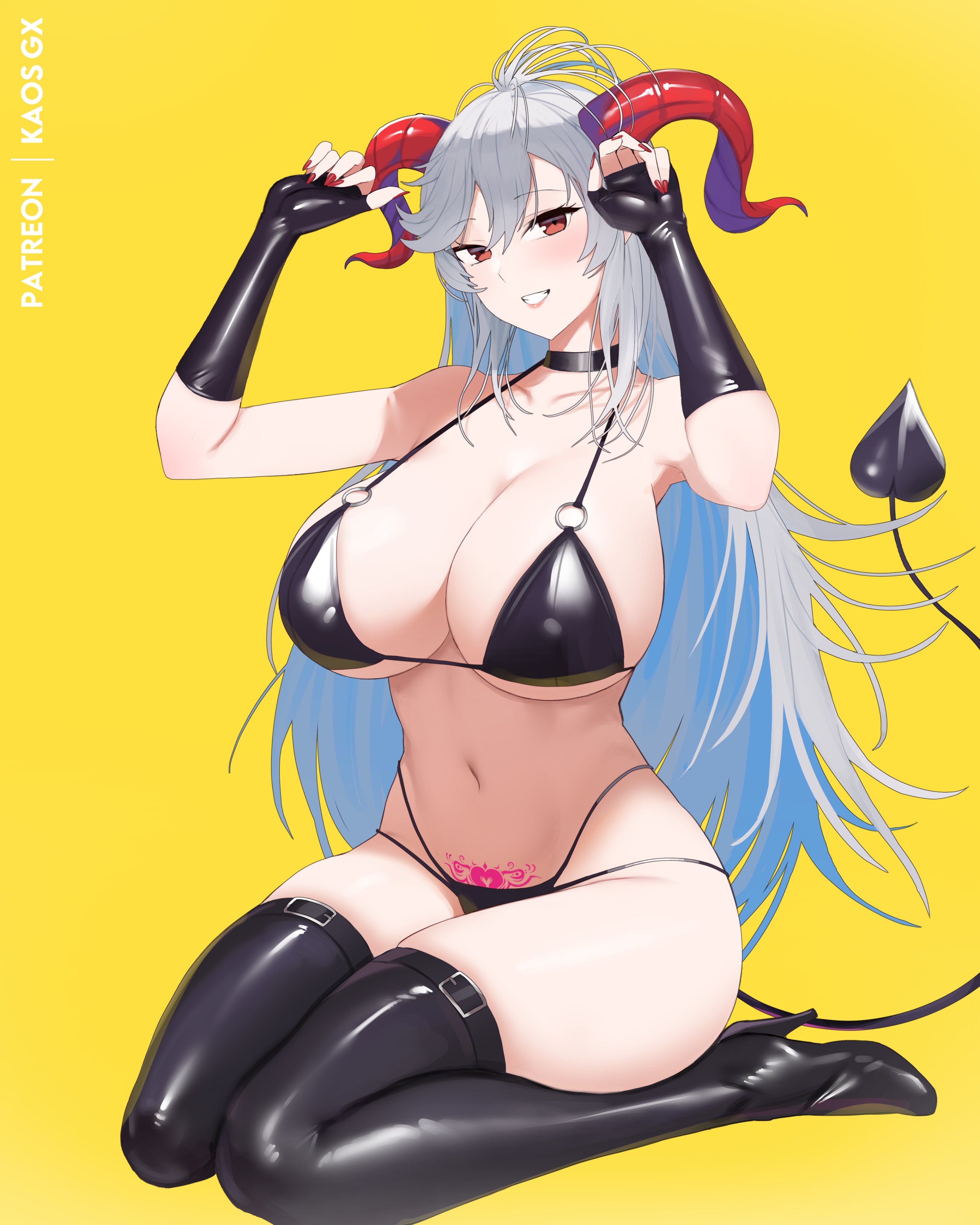 kaos art, freyja (fire emblem), fire emblem, fire emblem heroes, nintendo, absurdres, highres, 1girl, bikini, black bikini, black boots, black tail, boots, breasts, demon girl, demon horns, demon tail, full body, grey hair, horns, huge breasts, kneeling, long hair, navel, pubic tattoo, red eyes, red horns, simple background, solo, swimsuit, tail, tattoo, thigh boots, yellow background