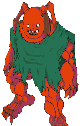 red demon, doukutsu monogatari, lowres, 1boy, claws, cloak, colored skin, male focus, monster, red skin, solo, teeth