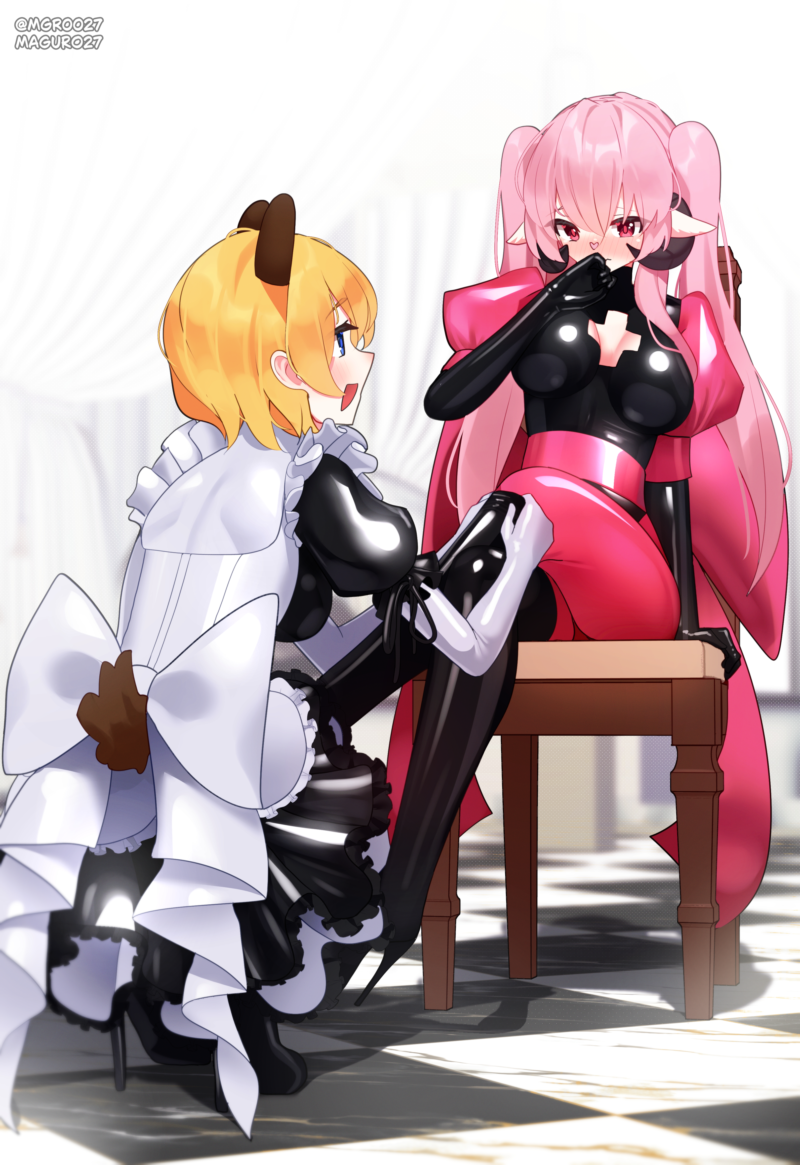 maguro27, original, absurdres, commission, highres, 2girls, animal ears, apron, bandaid, bandaid on cheek, bandaid on face, black boots, black dress, bodysuit, boots, breasts, chair, cleavage cutout, clothing cutout, dress, dressing another, gloves, hand to own mouth, hand up, horns, knee boots, latex, latex bodysuit, latex dress, long hair, looking at another, maid, medium breasts, multiple girls, on chair, open mouth, pink hair, red eyes, sitting, skin tight, squatting, tail, white apron