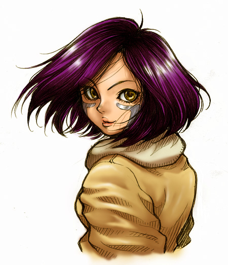 ginnan (pixiv260721), alita, battle angel alita, 1990s (style), jacket, lips, looking back, purple hair, retro artstyle, solo
