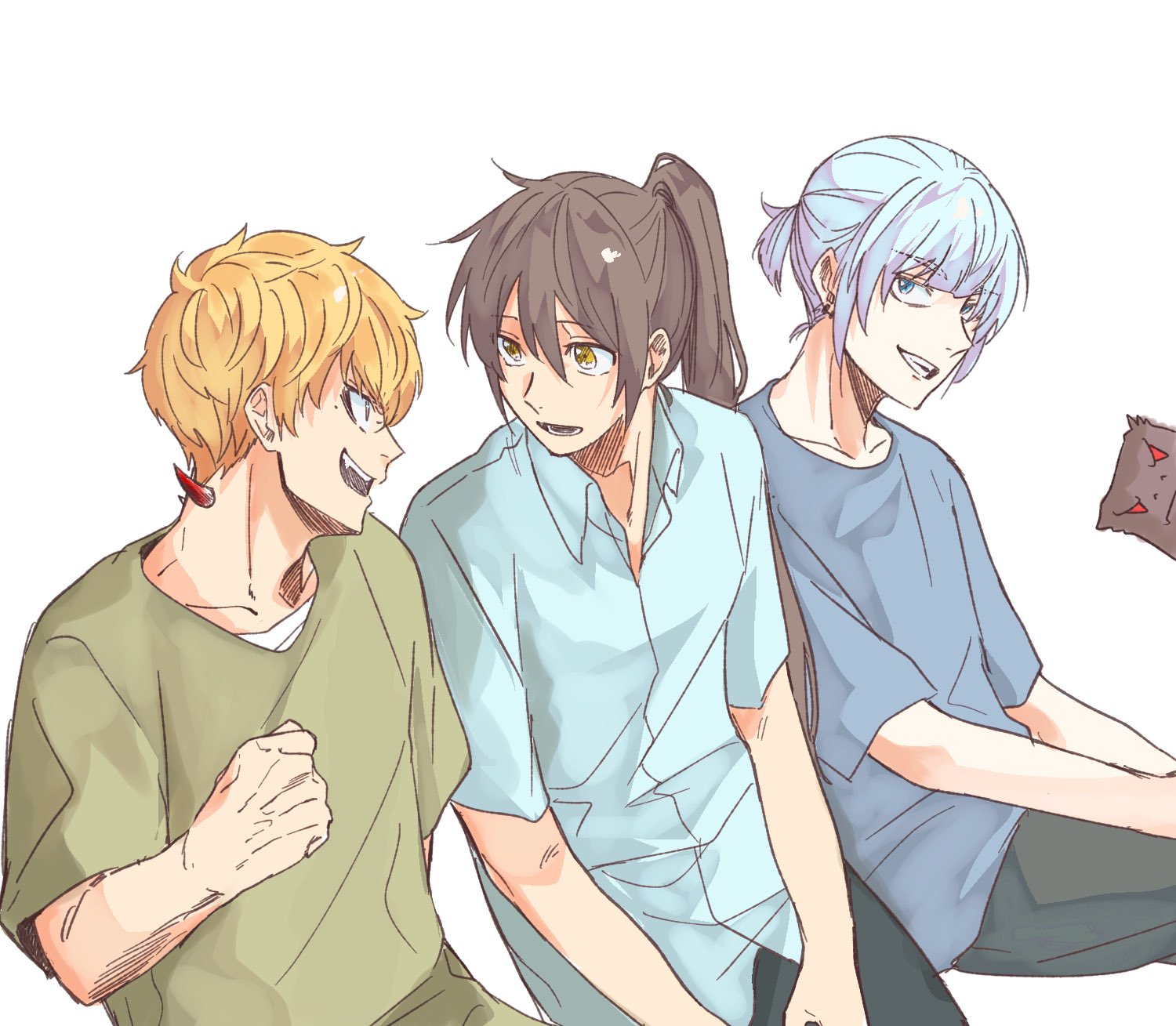 siji105, ha yuri zahard, ja wangnan, khun aguero agnis, rak wraithraiser, twenty-fifth bam, tower of god, hashtag-only commentary, highres, 3boys, aqua shirt, blonde hair, blue eyes, blue hair, blue shirt, brown hair, collared shirt, eye contact, green shirt, high ponytail, looking at another, male focus, multiple boys, ponytail, shirt, sitting, teeth, white background, yellow eyes