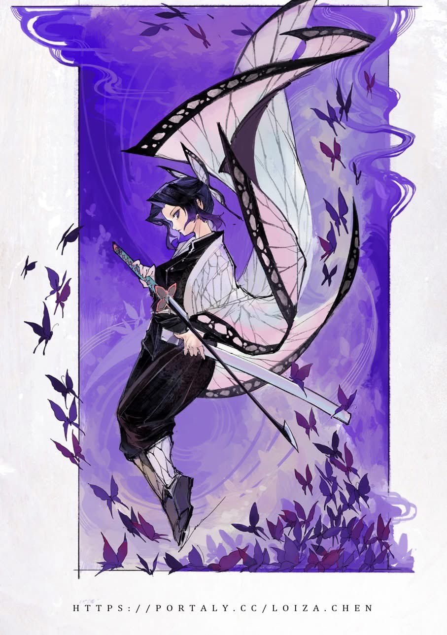 loiza, kochou shinobu, kimetsu no yaiba, highres, 1girl, animal print, belt, black hair, black jacket, black pants, black socks, border, breasts, bug, butterfly, butterfly hair ornament, butterfly print, butterfly print haori, closed mouth, colored tips, demon slayer uniform, floating, full body, hair ornament, holding, holding sheath, holding sword, holding weapon, insect, jacket, katana, medium breasts, multicolored hair, pants, parted bangs, purple butterfly, purple eyes, purple hair, sandals, sheath, sidelocks, socks, solo, sword, tabi, updo, watermark, weapon, web address, white belt, white border