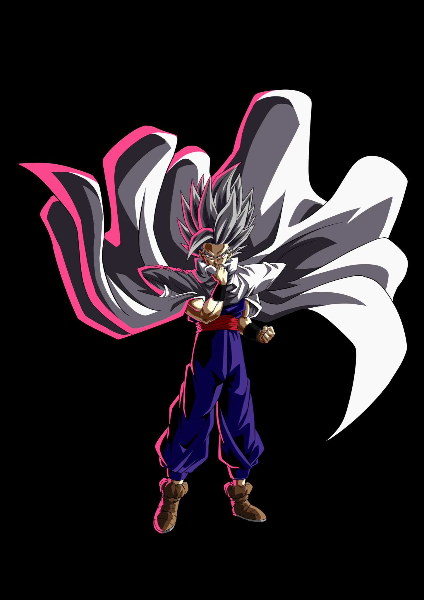 maju (lthe2001), gohan beast, son gohan, dragon ball, dragon ball super, dragon ball super super hero, highres, 1boy, black background, cape, full body, grey hair, long hair, male focus, muscular, muscular male, pants, purple pants, purple shirt, red eyes, shirt, simple background, solo, spiked hair, white cape