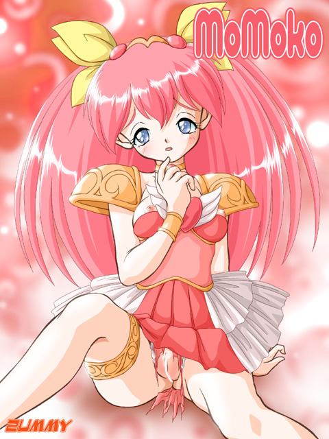 zummy, hanasaki momoko, wedding peach, ai tenshi densetsu wedding peach, bad id, bad pixiv id, 1990s (style), 1girl, armor, blue eyes, blush, bow, brooch, choker, dress, female focus, hair bow, headband, heart, heart brooch, jewelry, magical girl, panties, pink hair, pussy, retro artstyle, solo, thighlet, torn clothes, torn panties, twintails, underwear, wing brooch, wings